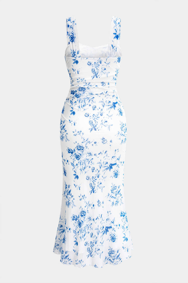 Ditsy Floral Print Mesh Sleeveless Midi Dress