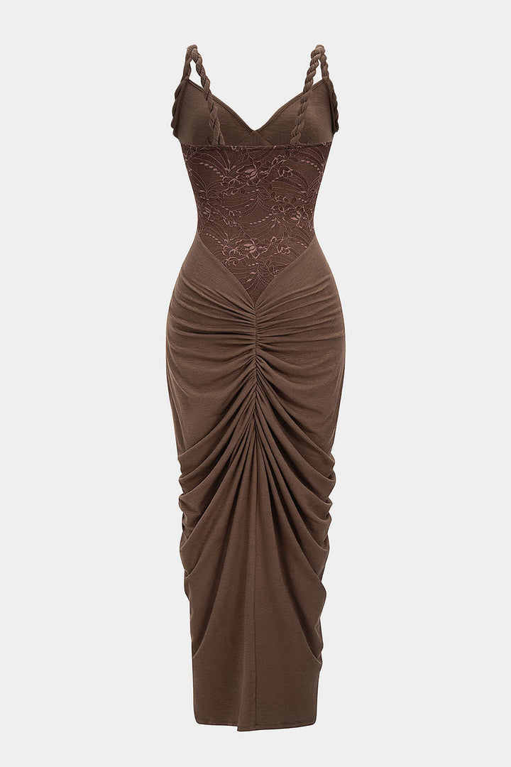 Lace Patchwork Ruched Twist Knot Slip Sleeveless Maxi Dress