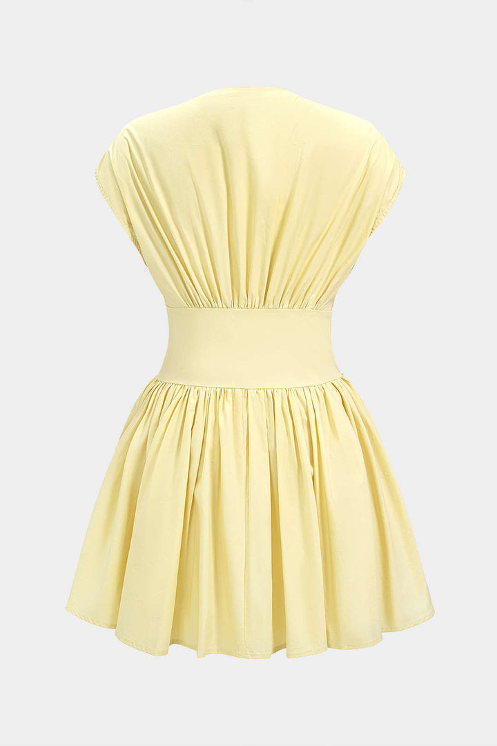 V-Neck Button Ruched Sleeveless Mini Dress