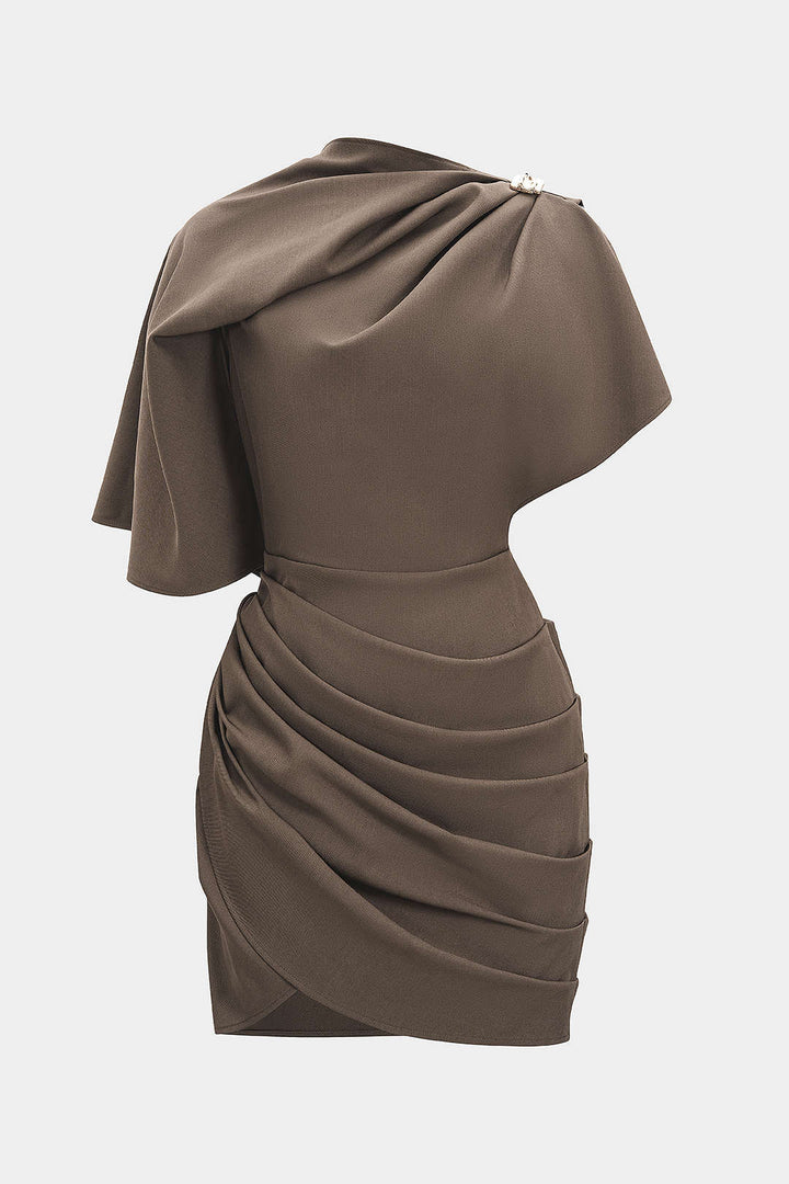 Metallic Ruched Zipper Asymmetrical Short Sleeve Mini Dress