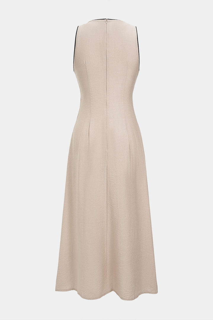Contrast Binding V-Neck Tie-Up Sleeveless Maxi Dress