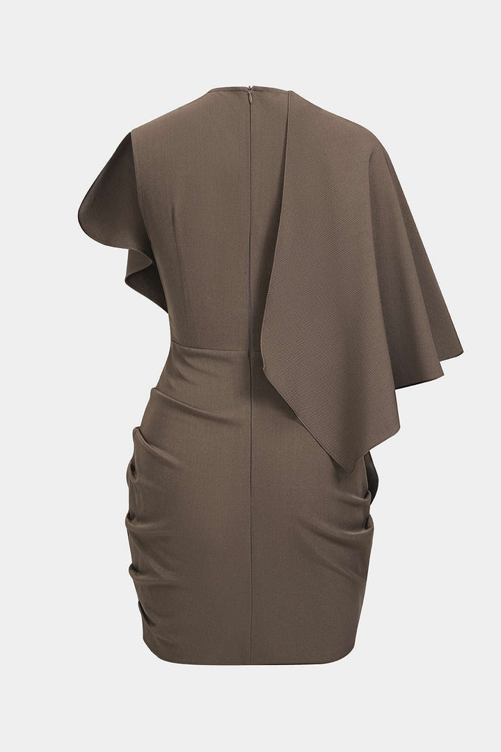 Metallic Ruched Zipper Asymmetrical Short Sleeve Mini Dress