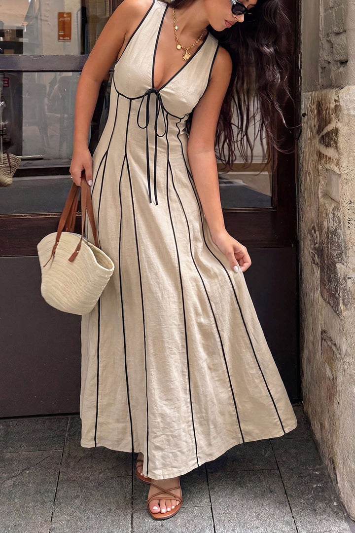 Contrast Binding V-Neck Tie-Up Sleeveless Maxi Dress