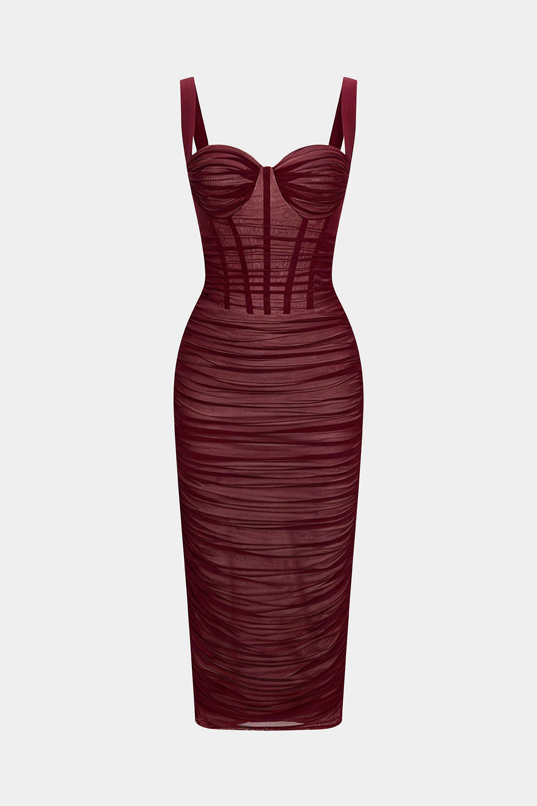 Sheer Mesh Ruched Bustier Slip Sleeveless Midi Dress