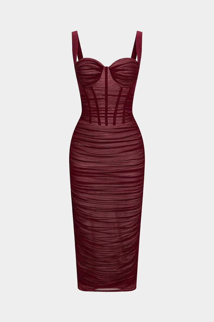 Sheer Mesh Ruched Bustier Slip Sleeveless Midi Dress
