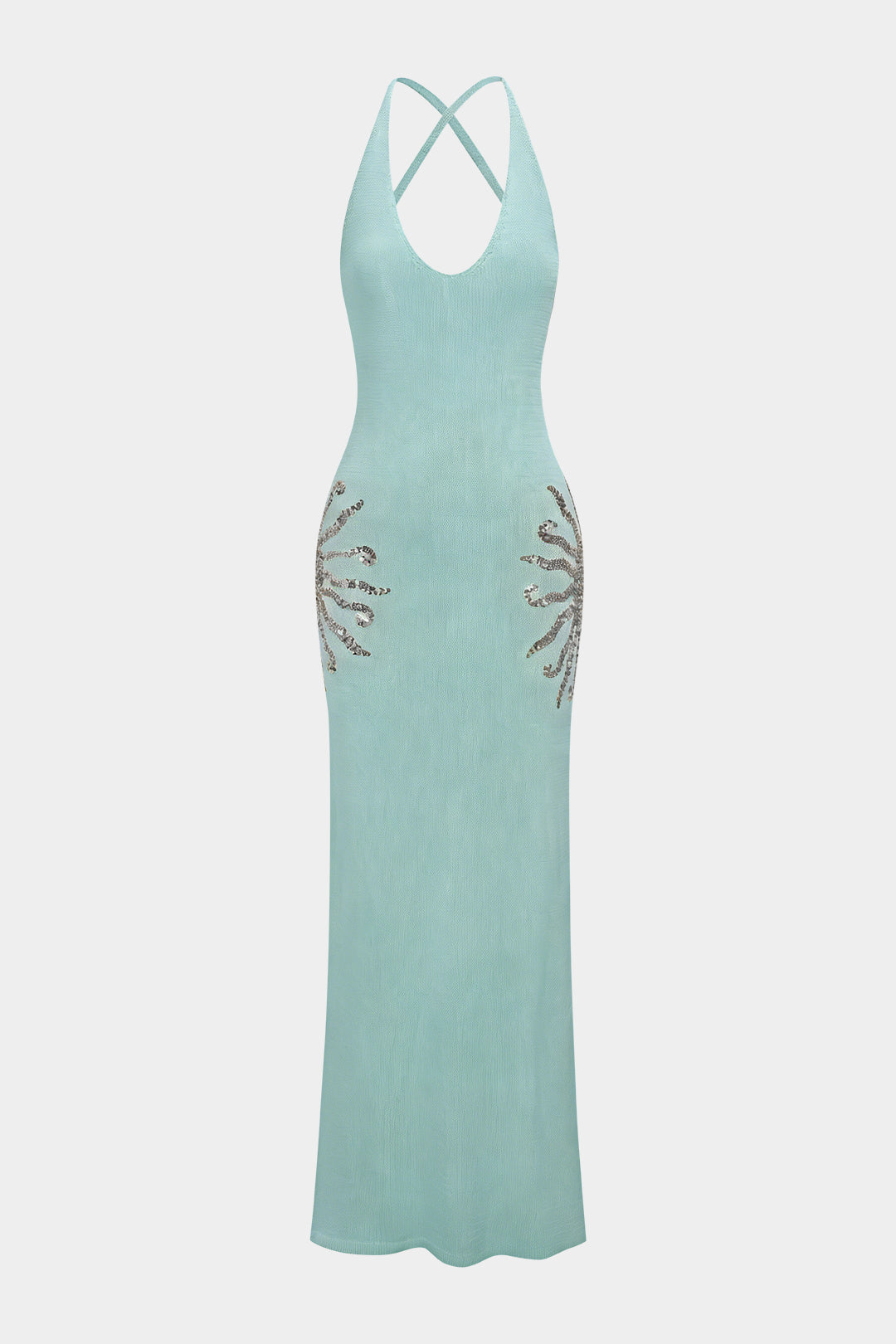 Open Knit Sequin Crossed Backless Sleeveless Maxi Dress