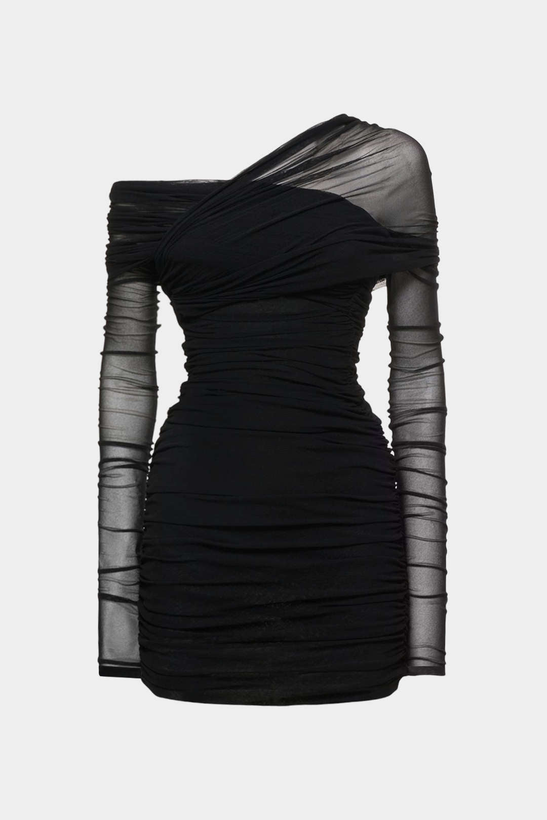 Sheer Mesh One Shoulder Long Sleeve Ruched Mini Dress