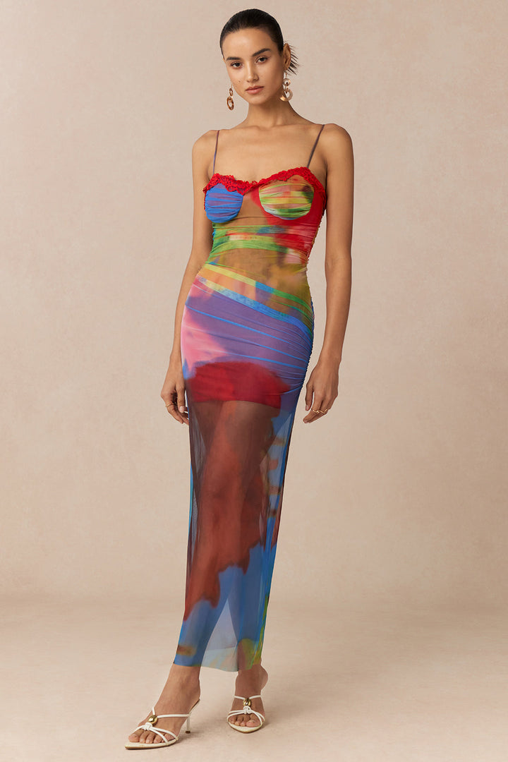 Multicolor Abstract Print Mesh Patchwork Lace Trim Asymmetrical Ruched Sleeveless Maxi Dress