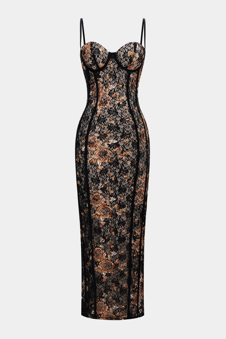 Floral Print Lace Patchwork Slip Underwire Sleeveless Maxi Dress