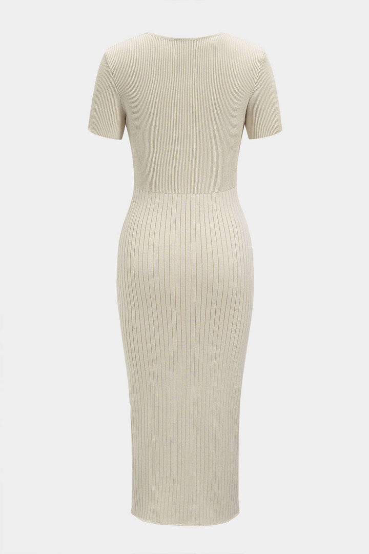 Knit Color Block Print V-Neck Button Short Sleeve Midi Dress