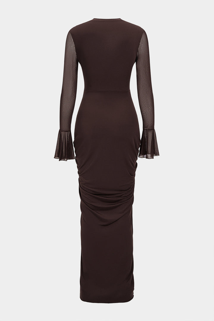 Mesh Patchwork Ruched Bell Long Sleeve Maxi Dress