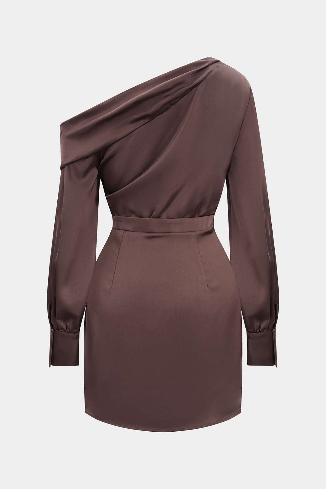 Satin Asymmetrical Neck Long Sleeve Mini Dress