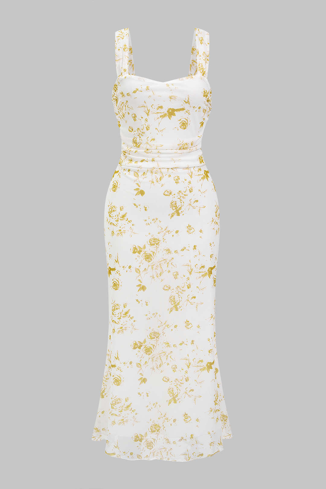 Ditsy Floral Print Mesh Sleeveless Midi Dress