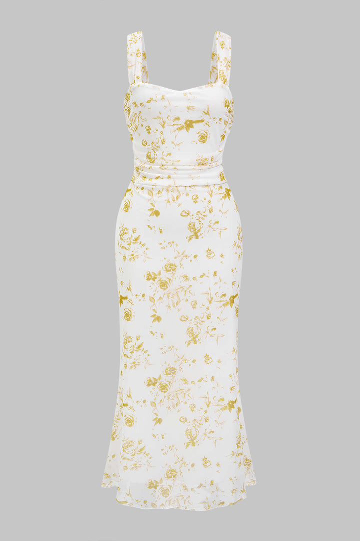 Ditsy Floral Print Mesh Sleeveless Midi Dress