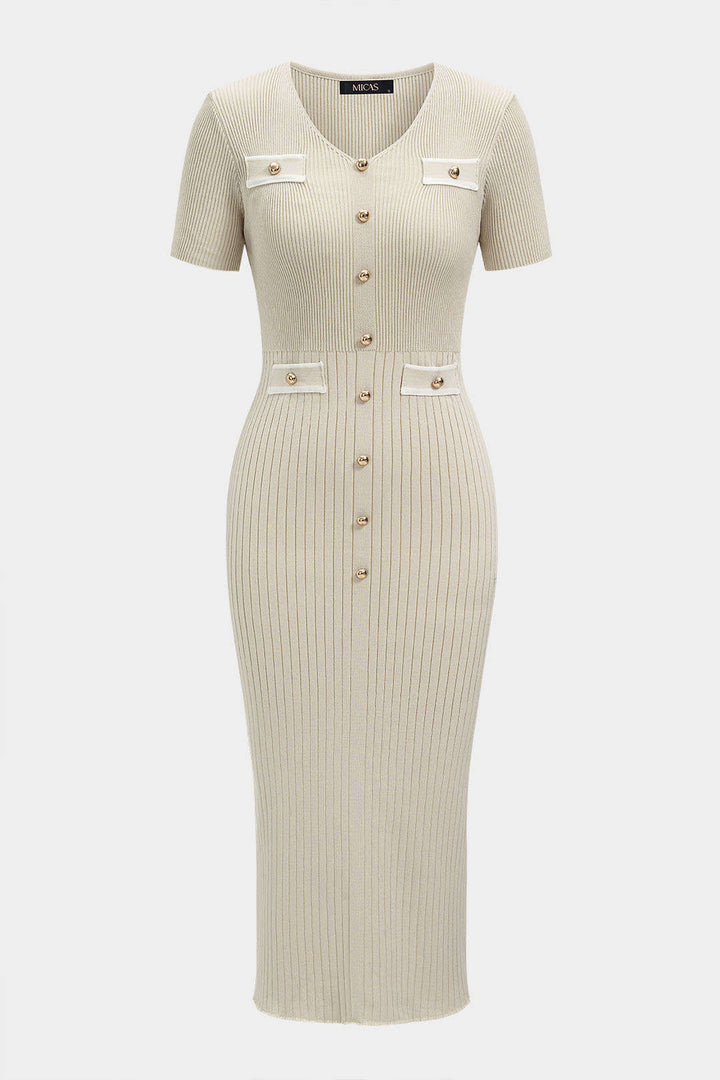 Knit Color Block Print V-Neck Button Short Sleeve Midi Dress