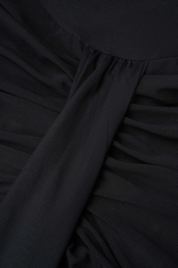 Patchwork Mesh One Shoulder Ruched Sleeveless Maxi Dress