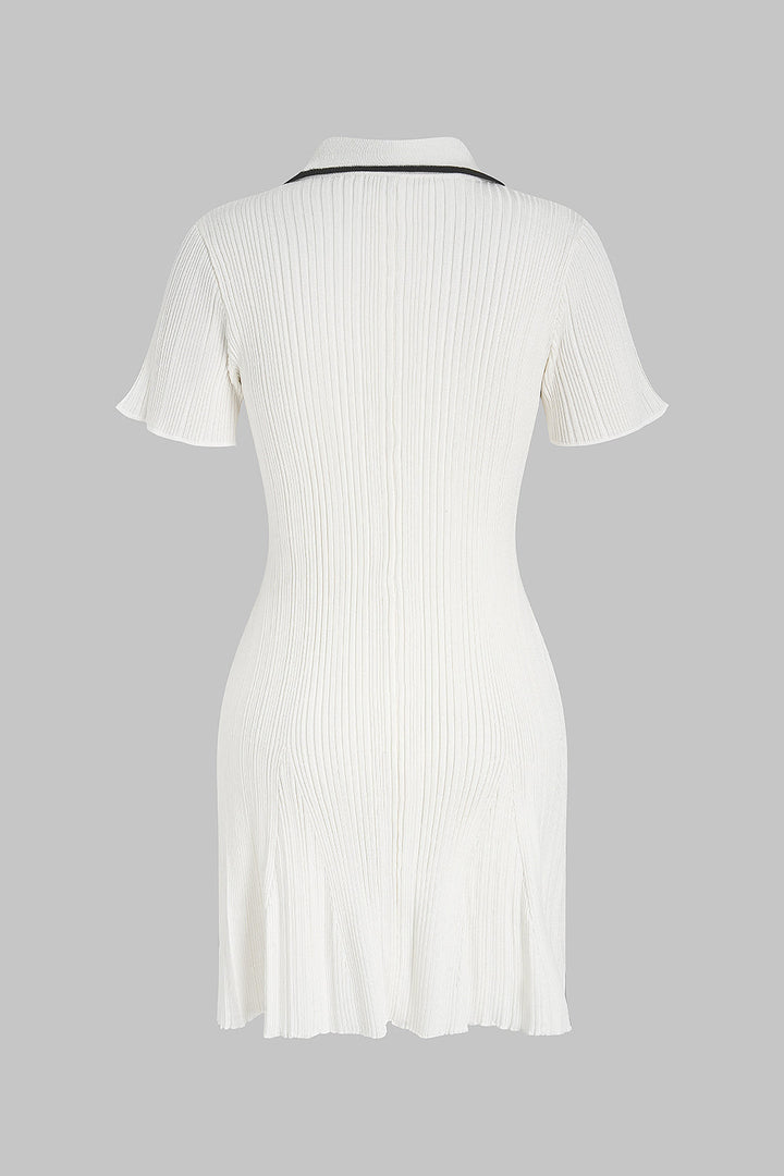 Knit Contrast Trim Metallic Button Short Sleeve Mini Dress