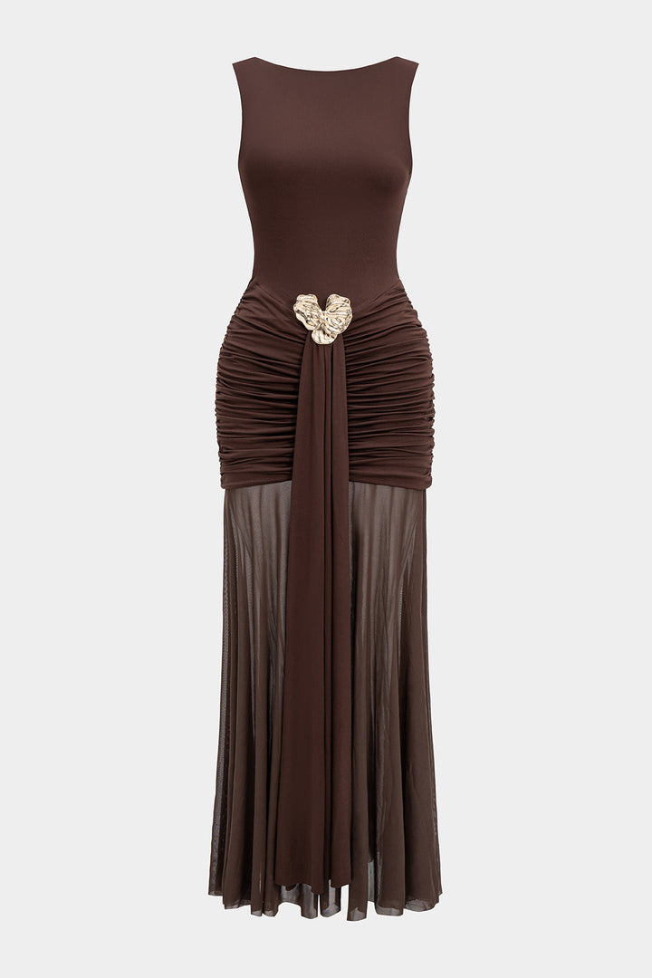 Mesh Metallic Decor Ruched Backless Sleeveless Maxi Dress