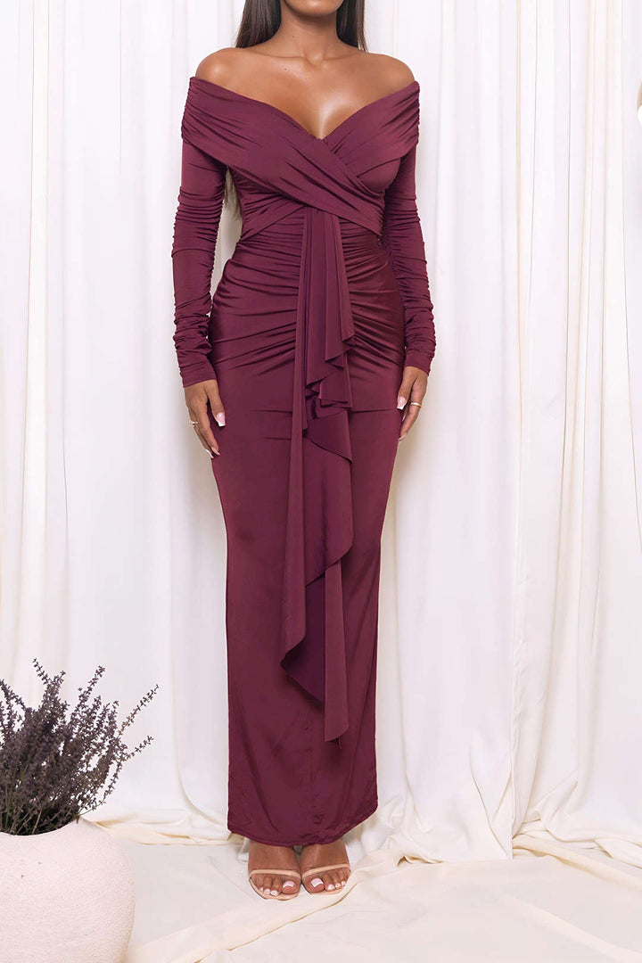 Off-Shoulder Draped Ruched Maxi Dress
