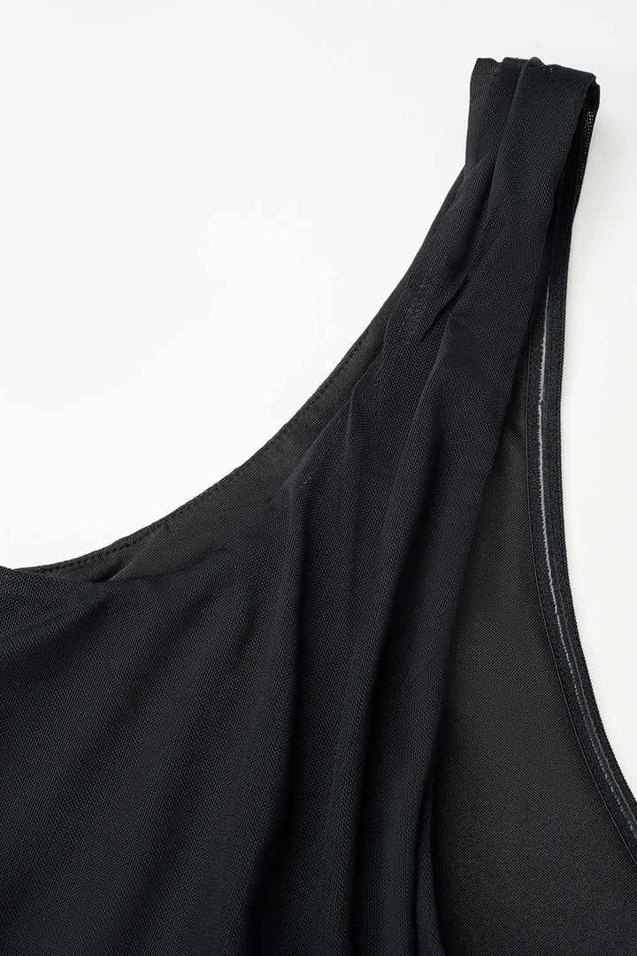 Patchwork Mesh One Shoulder Ruched Sleeveless Maxi Dress