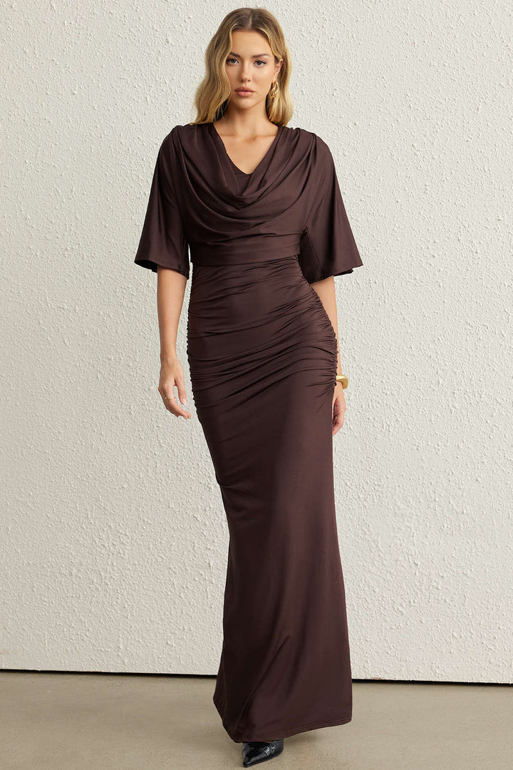 Draped Cowl Neck Short Sleeve Maxi Dress