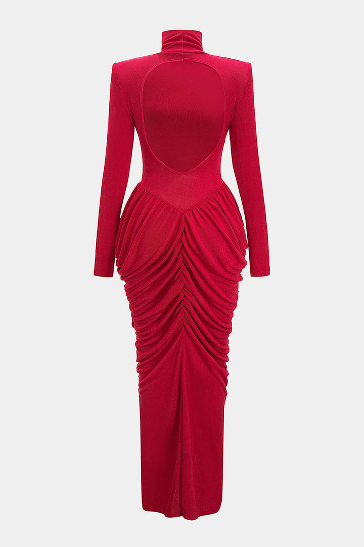 Mock Neck Shoulder Pads Crossed Ruched Backless Long-Sleeve Maxi Dress