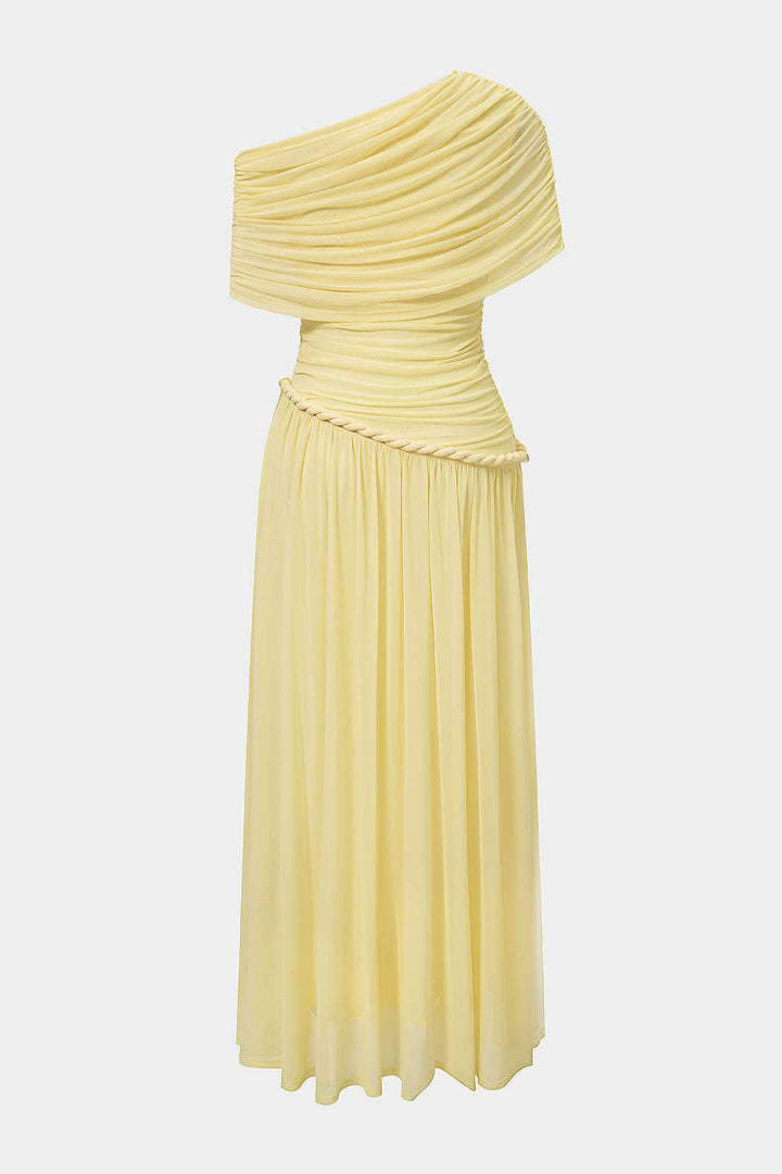 Mesh One Shouder Twist Knot Ruched Sleeveless Maxi Dress