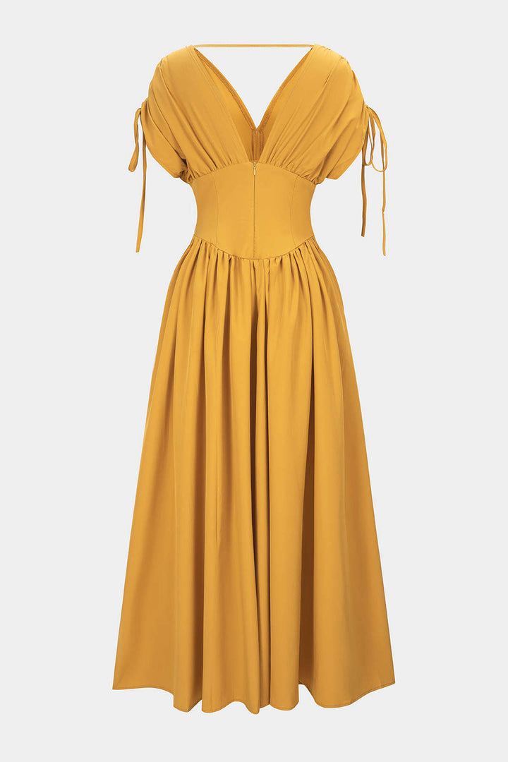 V-Neck Tie-Up Ruched Sleeveless Maxi Dress
