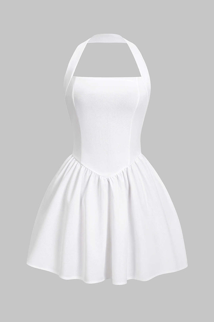 Halter Neck Backless Zipper Ruched Sleeveless Mini Dress