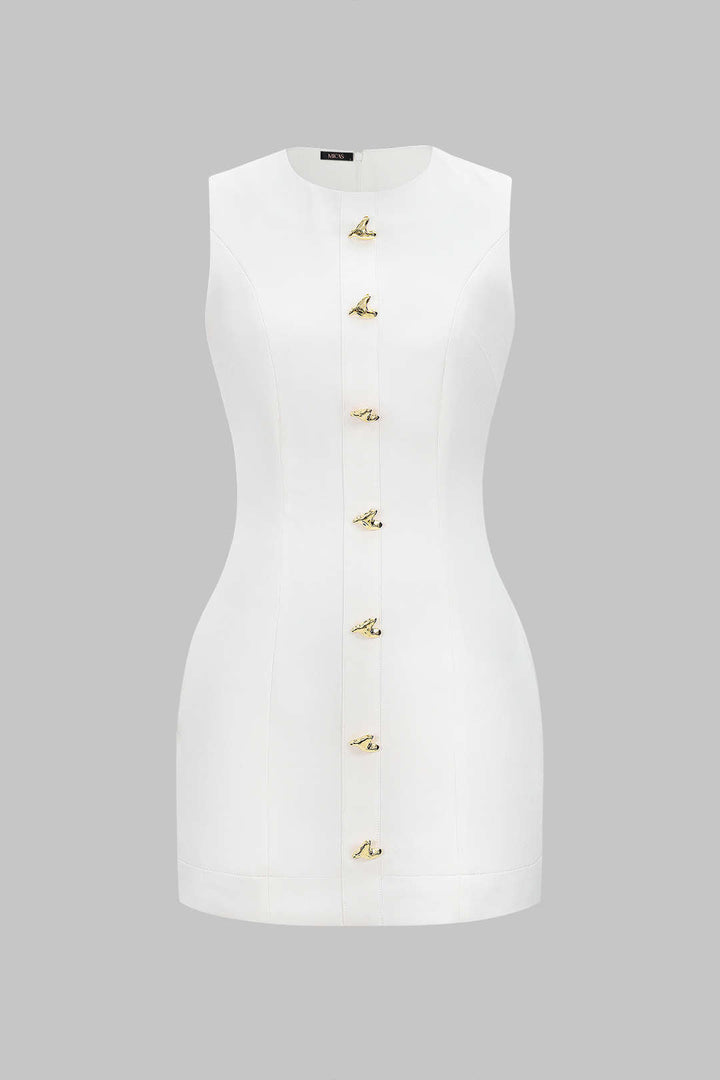 Round Neck Metallic Heart Button Sleeveless Mini Dress