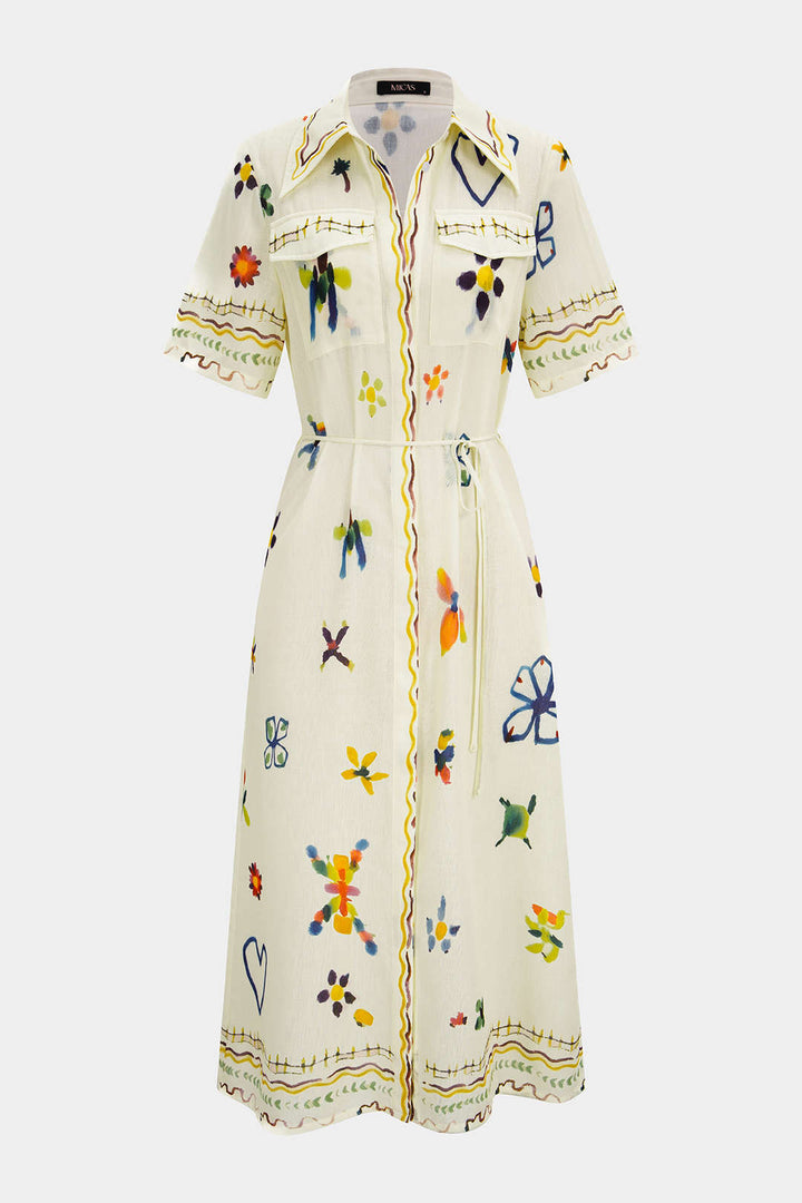 Graffiti Print Button Pocket Belted Short Sleeve Midi Dress