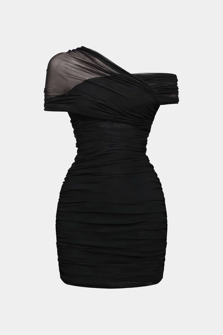 Mesh One Shoulder Asymmetrical Sleeveless Mini Dress