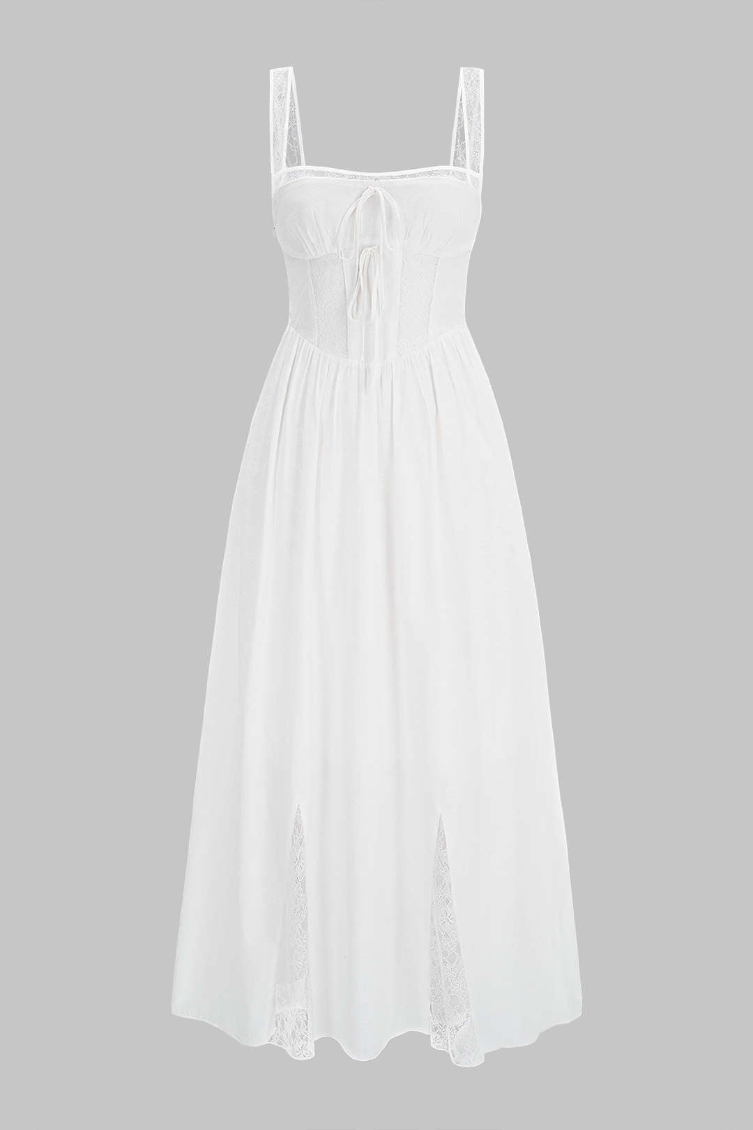 Lace Trim Patchwork Tie Front Ruched Sleeveless Maxi Dress