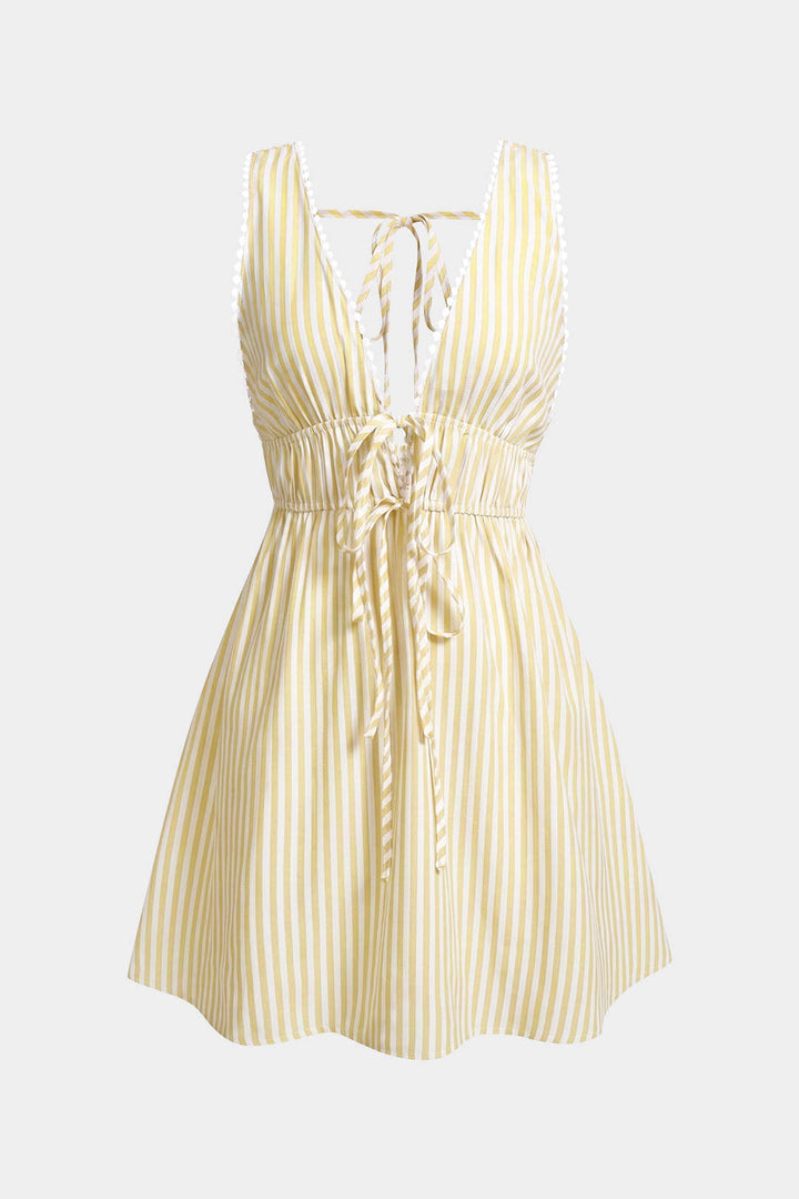 Stripe Print V-Neck Tie-Up Backless Sleeveless Mini Dress
