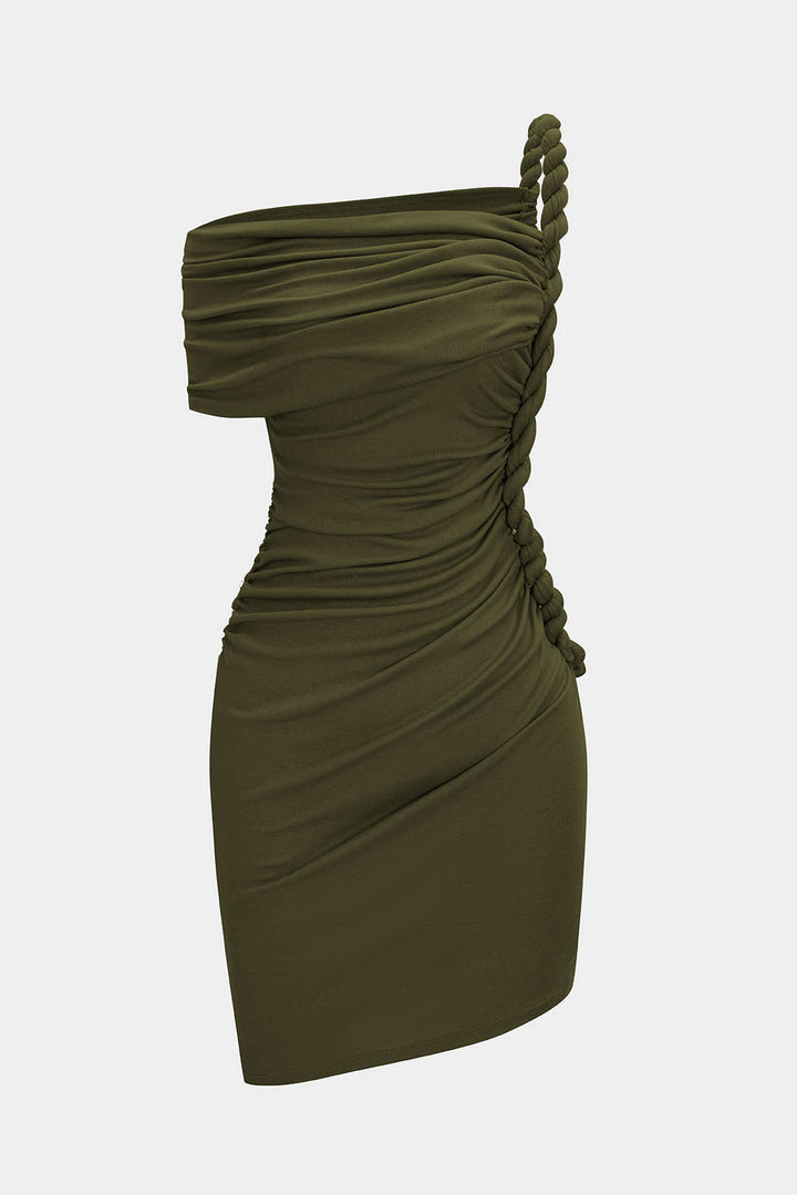 Ruched Twist Knot One Shoulder Short Sleeve Mini Dress