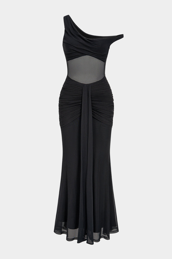 Patchwork Mesh One Shoulder Ruched Sleeveless Maxi Dress