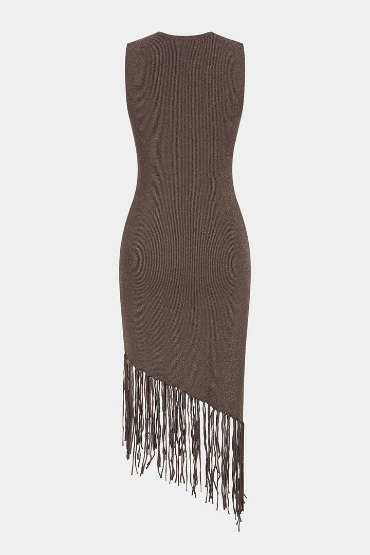 Knit Round Neck Fringe Hem Sleeveless Midi Dress