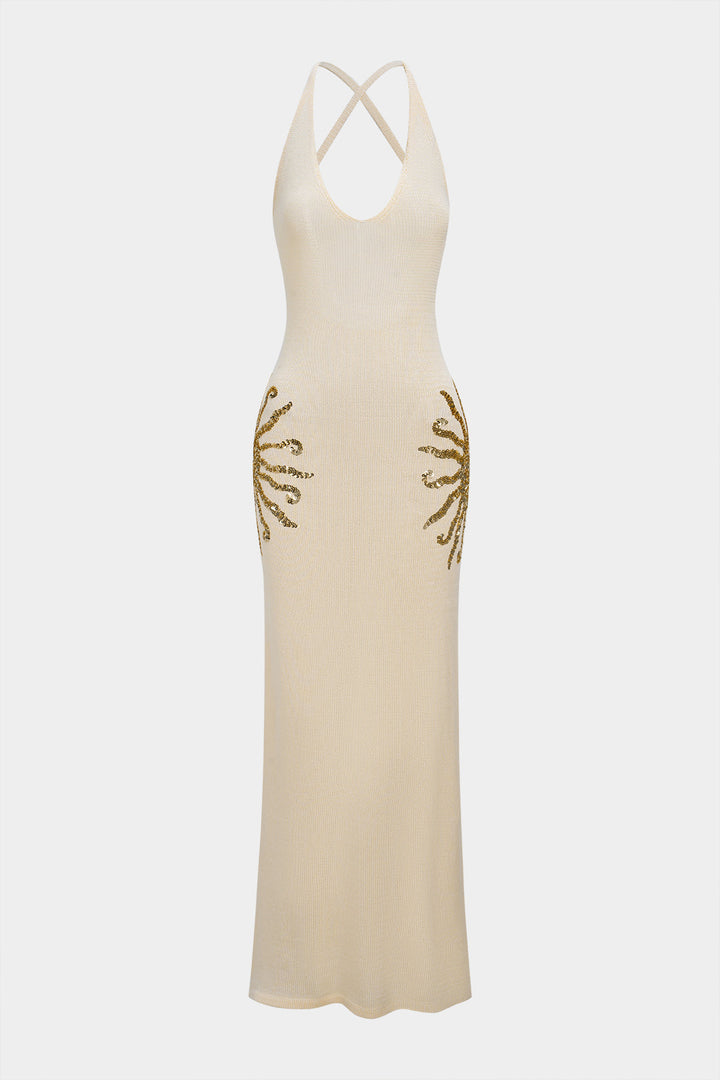 Open Knit Sequin Crossed Backless Sleeveless Maxi Dress