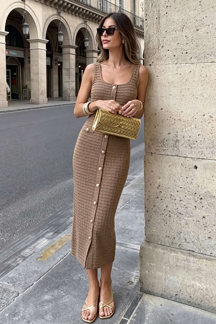 Tweed Round Neck Slip Sleeveless Midi Dress