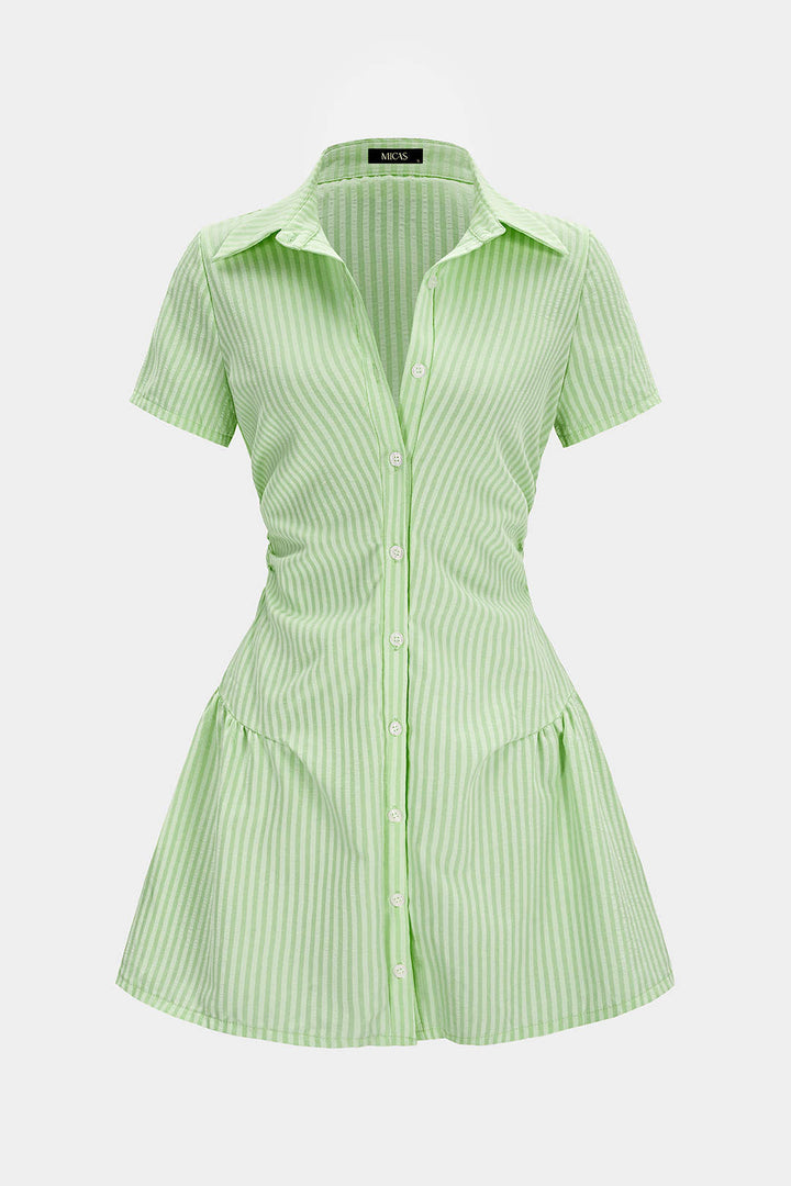 Stripes Print V-Neck Short Sleeve Mini Dress
