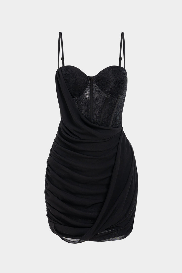 Chiffon Patchwork Lace Corset Asymmetrical Ruched Sleeveless Mini Dress