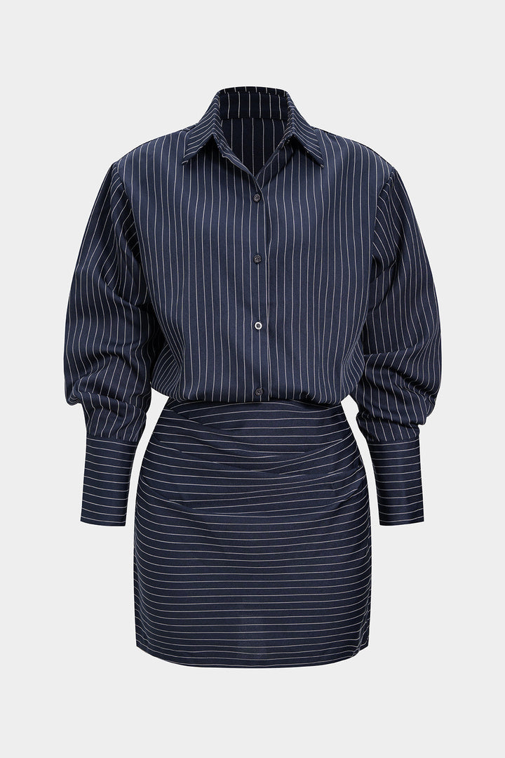 Stripes Print Pleated Ruched Shoulder Pads Long Sleeve Mini Dress