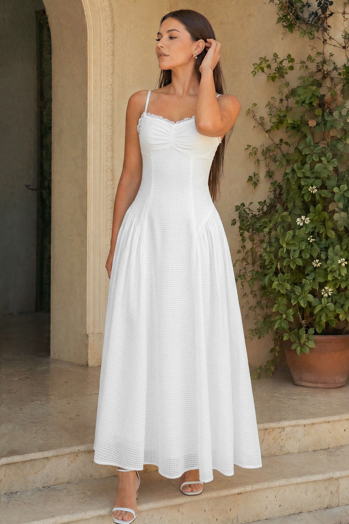 Lace Trim Ruched Slip Sleeveless Maxi Dress