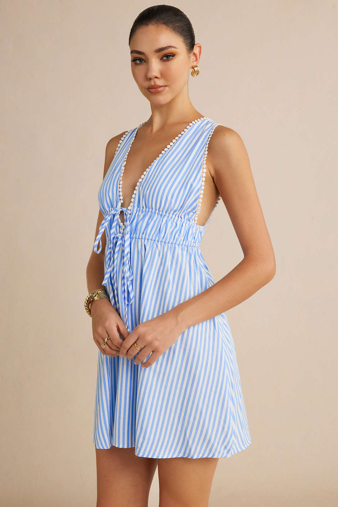 Stripe Print V-Neck Tie-Up Backless Sleeveless Mini Dress