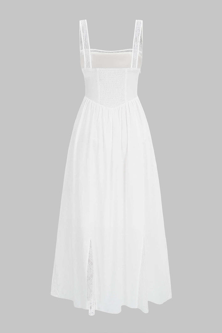 Lace Trim Patchwork Tie Front Ruched Sleeveless Maxi Dress