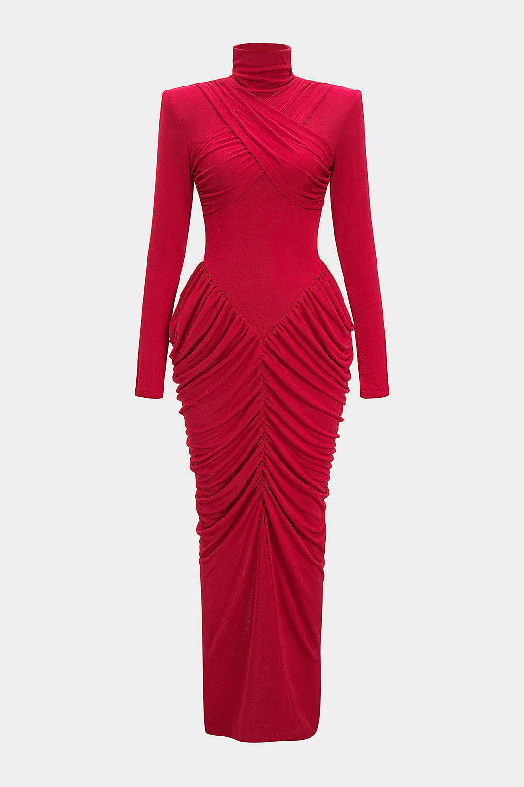 Mock Neck Shoulder Pads Crossed Ruched Backless Long-Sleeve Maxi Dress