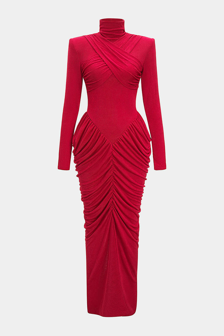 Mock Neck Shoulder Pads Crossed Ruched Backless Long-Sleeve Maxi Dress