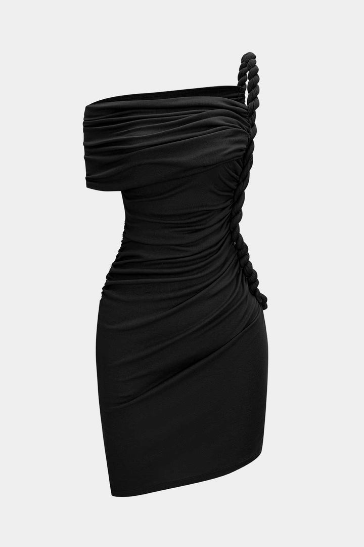 Ruched Twist Knot One Shoulder Short Sleeve Mini Dress