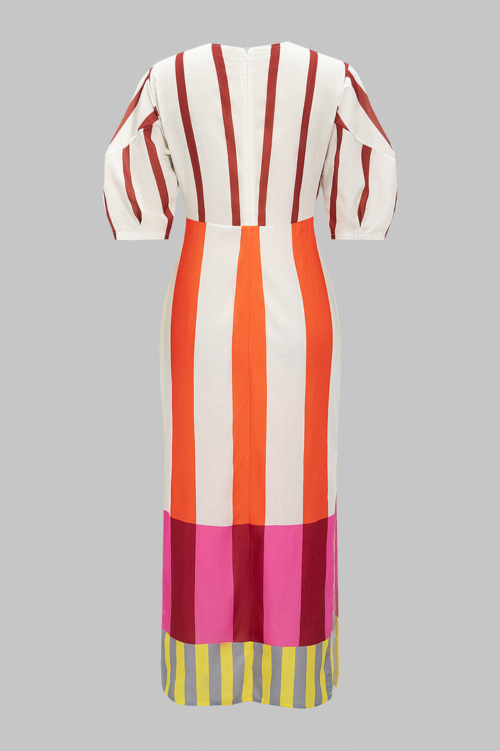 Stripes Print Linen Hollow Out Short Sleeve Midi Dress