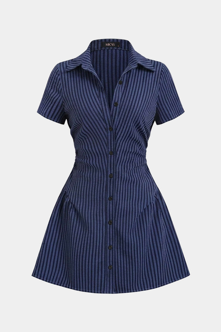 Stripes Print V-Neck Short Sleeve Mini Dress